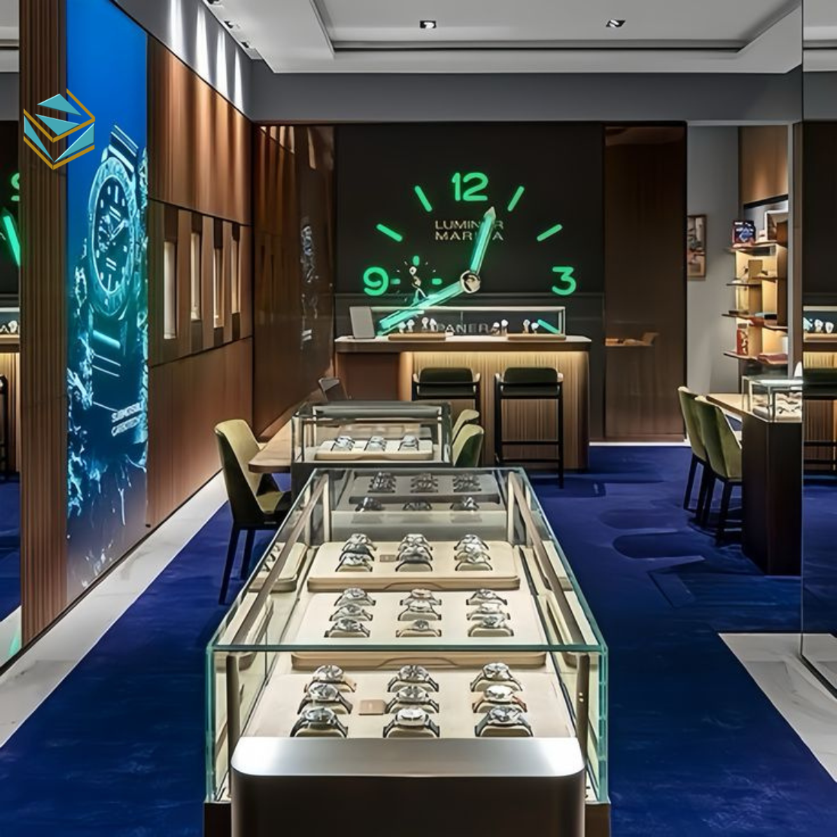 Sử dụng cửa kính lớn, logo nổi bật và ánh sáng vàng nhấn mạnh sự sang trọng của thương hiệu.