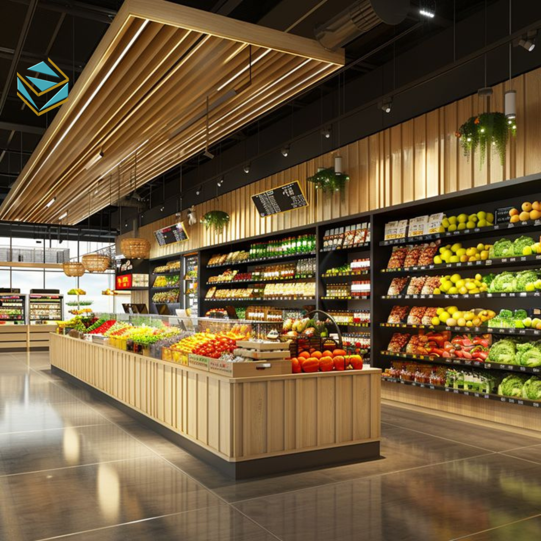 Hình ảnh hệ thống kệ, tủ mát và lối đi rộng rãi giúp tối ưu trải nghiệm khách hàng.