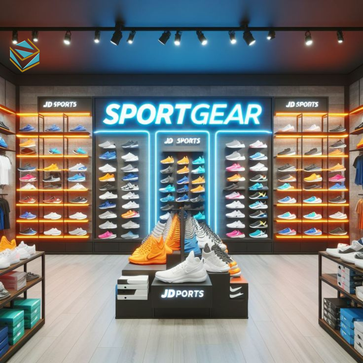 Thiết kế dùng kệ thép và đèn rọi tạo không gian mạnh mẽ, phù hợp cửa hàng thể thao hiện đại.