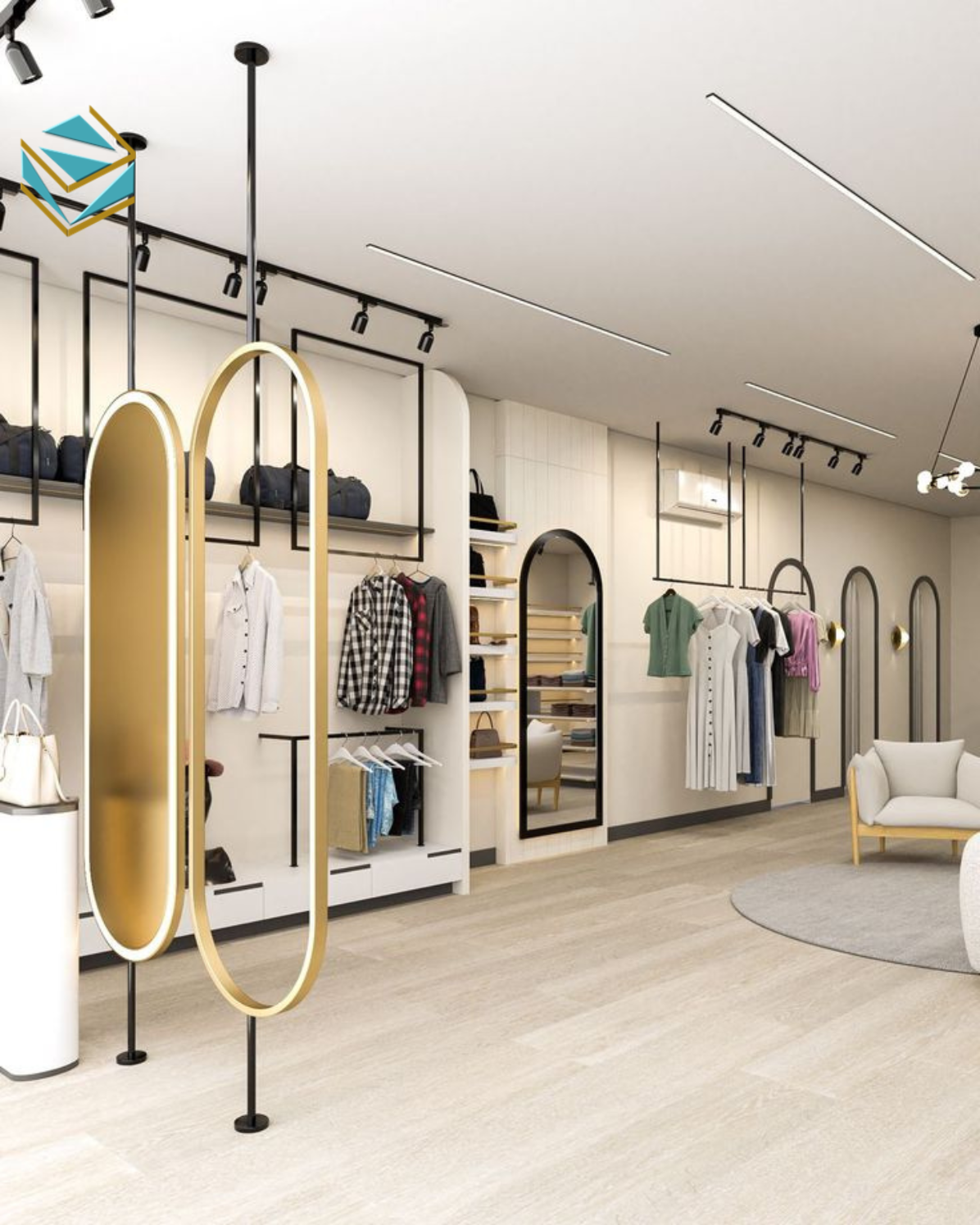 Đèn rọi 3000–4000K và CRI≥90 cho màu sắc chính xác, ảnh chụp đẹp hơn. Lớp ánh sáng tổng và nhấn tạo chiều sâu trưng bày.