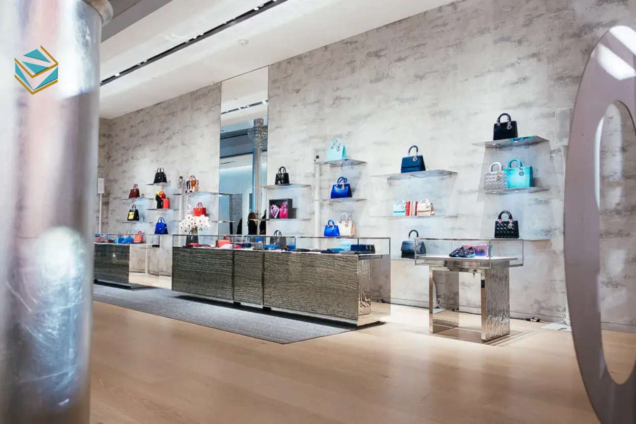 Bố trí ánh sáng hợp lý và kệ đa tầng giúp không gian nhỏ vẫn nổi bật.