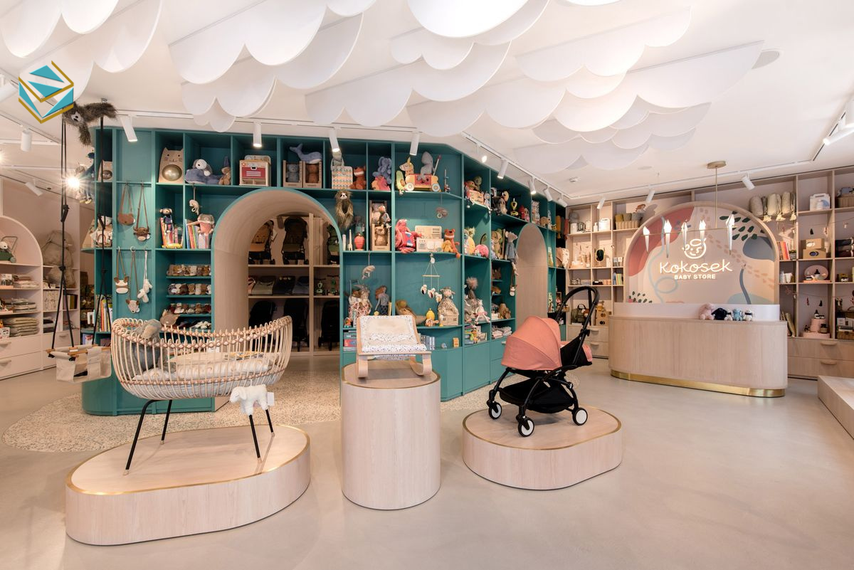 Không gian gọn gàng, tinh tế tập trung làm nổi bật sản phẩm mẹ và bé.