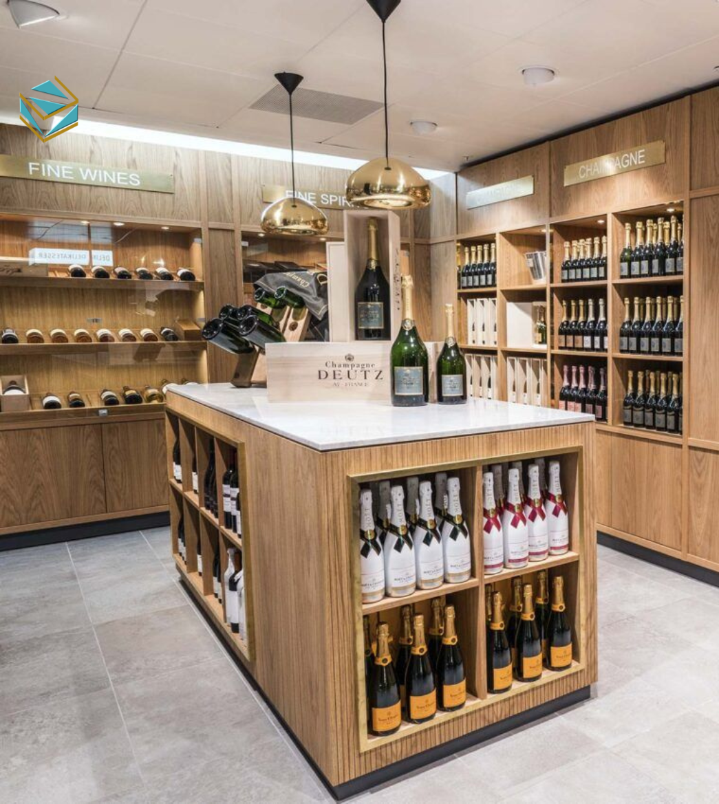 Giải pháp bố trí nội thất cửa hàng rượu nhỏ giúp tối ưu diện tích và trưng bày khoa học.