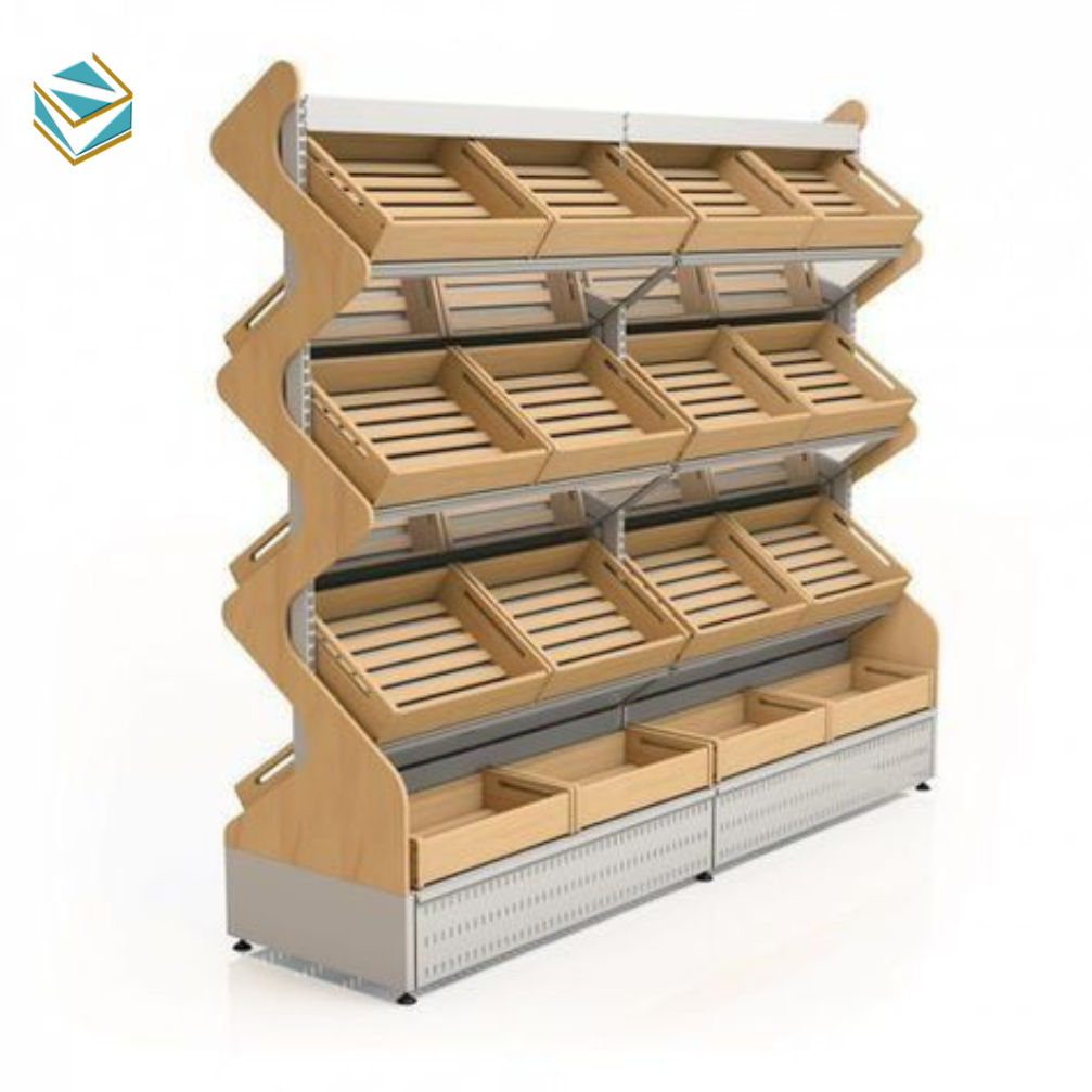 Kệ có khe thoáng dưới đáy từng tầng, hỗ trợ lưu thông khí và giữ bánh không bị mềm.