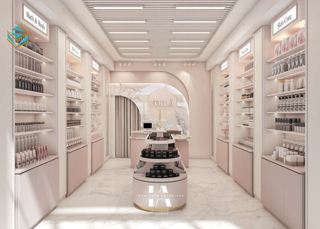 Thiết kế shop mỹ phẩm kết hợp kệ kính và đèn LED giúp sản phẩm nổi bật, hỗ trợ tăng tỷ lệ chọn mua.