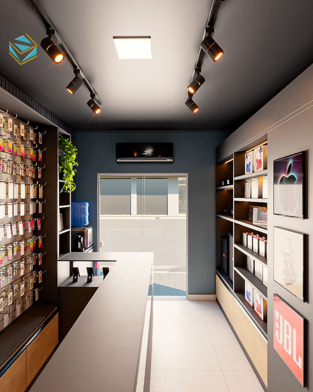 Ảnh mô tả phân khu trải nghiệm điện thoại, khu phụ kiện và quầy tư vấn rõ ràng.