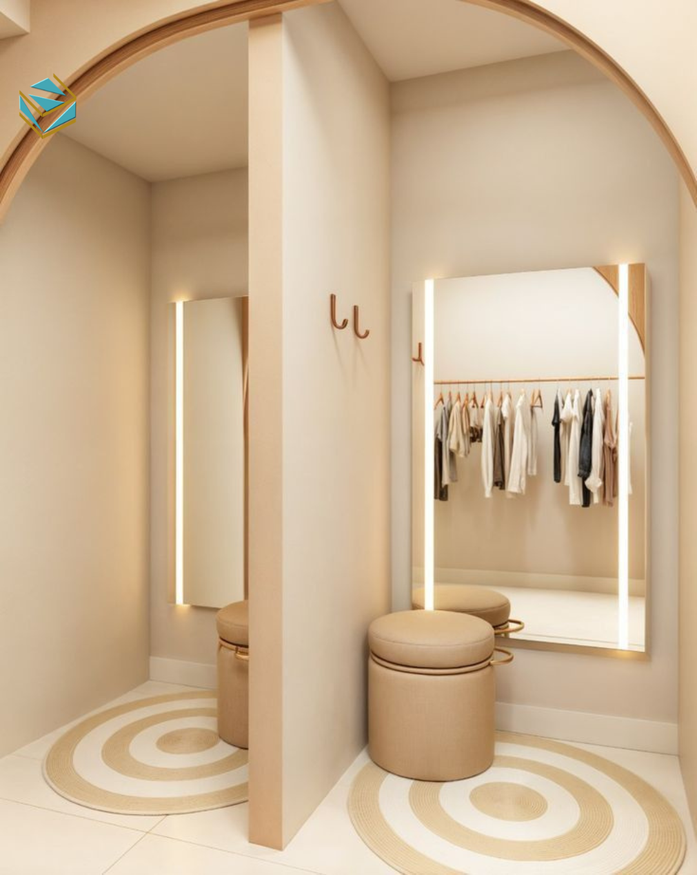 Hệ ánh sáng trong thi công shop quần áo được tính toán kỹ giúp màu sắc sản phẩm hiển thị trung thực và thu hút.