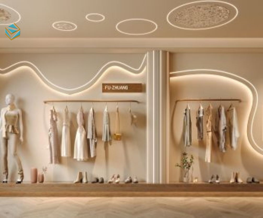 Mặt tiền trong thi công shop quần áo được thiết kế rõ ràng giúp tăng khả năng nhận diện và thu hút khách vãng lai.