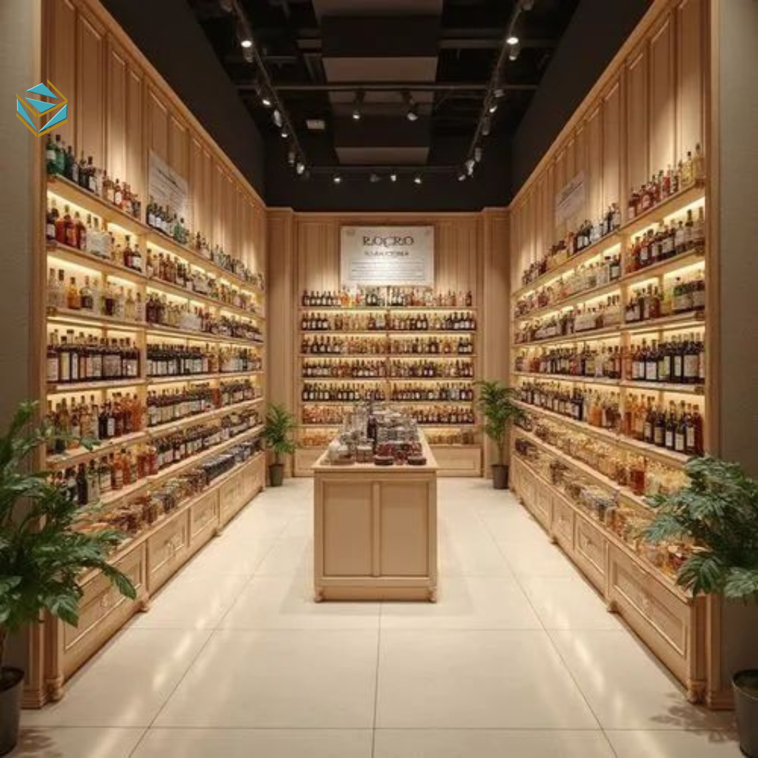 Giải pháp thi công nội thất cửa hàng rượu hiện đại giúp không gian sang trọng, trưng bày khoa học và dễ chốt đơn.