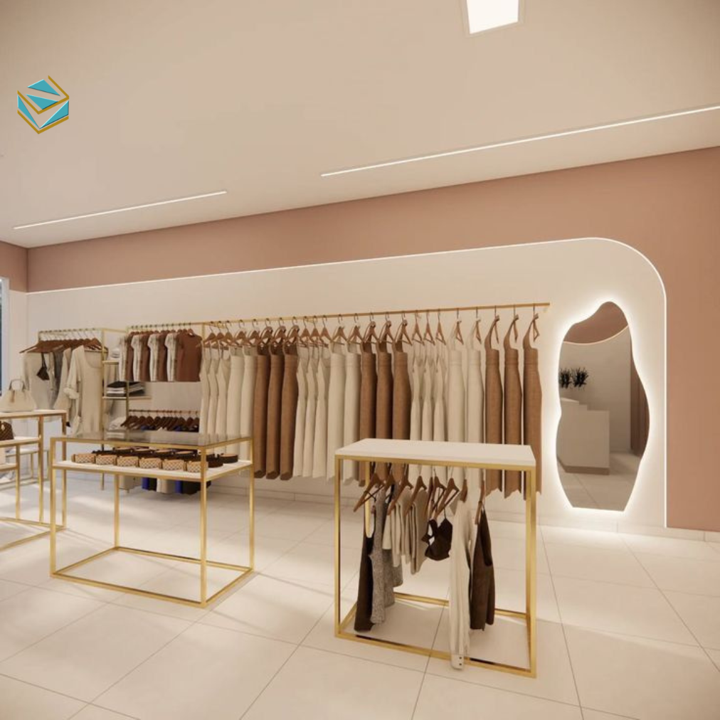 Giải pháp thi công shop quần áo nhỏ đẹp giúp tận dụng diện tích hiệu quả, phù hợp kinh doanh tại mặt bằng hạn chế.