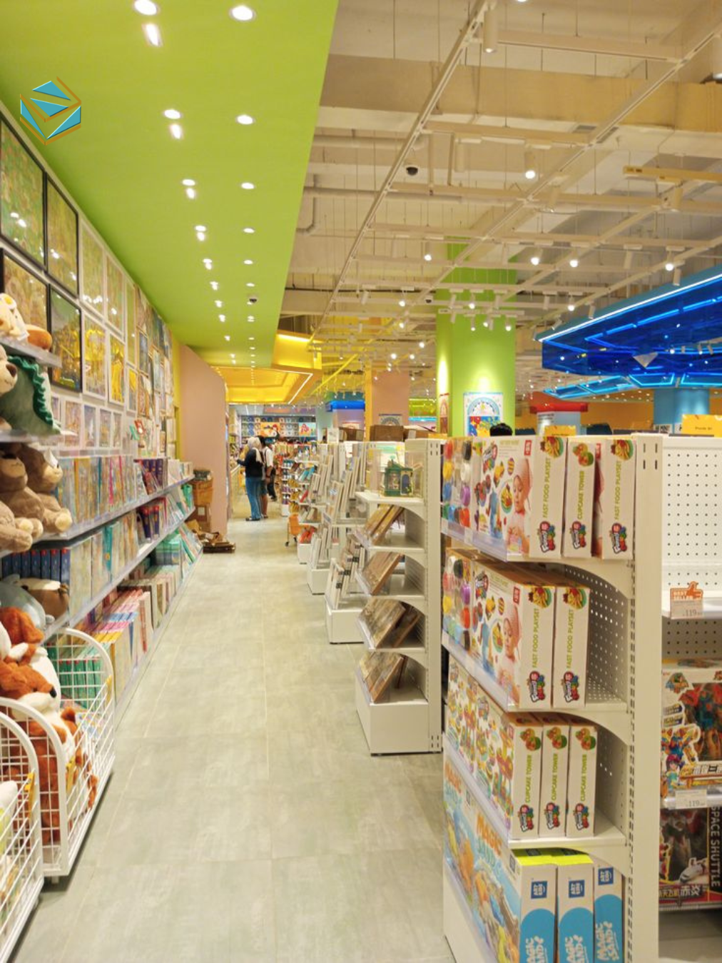 Bản phối cảnh 3D thể hiện rõ layout lối đi, vị trí đảo trung tâm và hệ đèn LED chiếu sáng điểm nhấn cho sản phẩm lưu niệm du lịch.