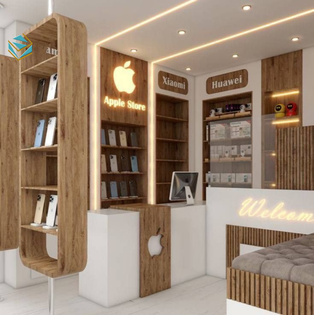 Ảnh mô tả giải pháp bố trí thông minh với kệ đứng và bàn trưng bày trung tâm.