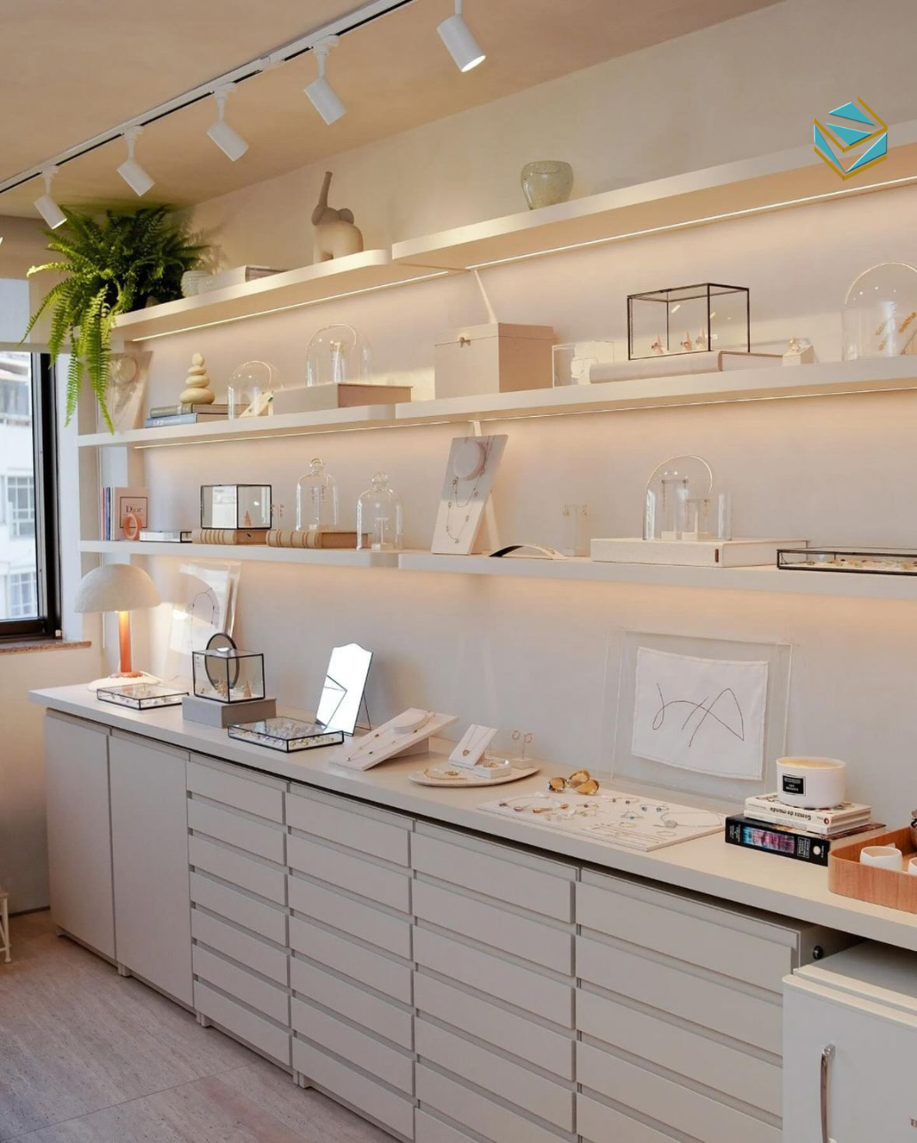 Biển hiệu inox vàng và cửa kính lớn thể hiện sự chuyên nghiệp và đẳng cấp của thương hiệu.