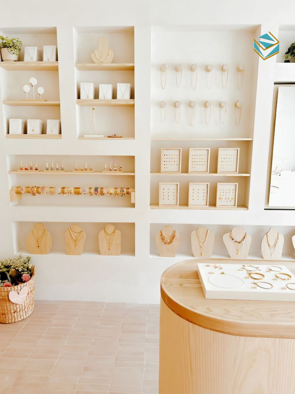 Hình ảnh mô tả một cửa hàng trang sức với tone vàng champagne, kính trong và ánh sáng điểm giúp sản phẩm luôn nổi bật.