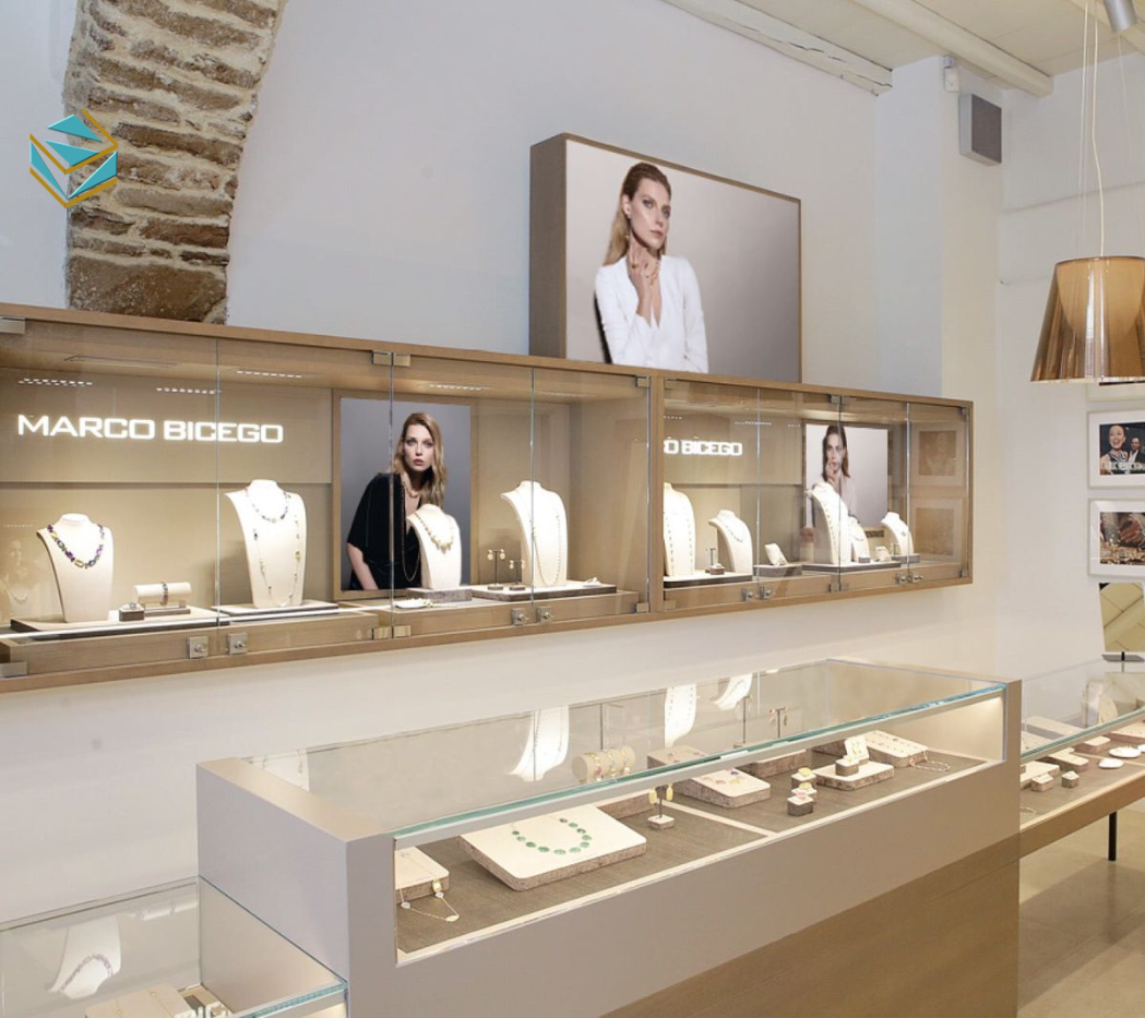 Quầy trung tâm đặt giữa không gian tạo bố cục cân đối, giúp khách dễ tiếp cận sản phẩm cao cấp.