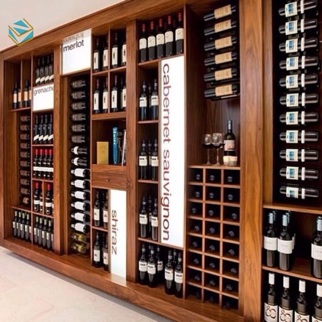 Kệ trưng bày rượu tích hợp LED giúp chai rượu nổi bật hơn, hỗ trợ bán hàng hiệu quả.