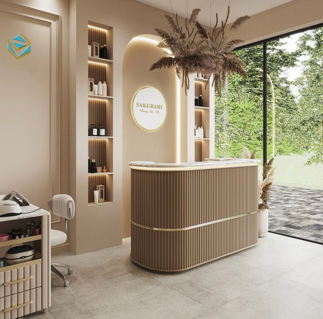 Mẫu thiết kế salon tóc hiện đại giúp không gian gọn gàng, chuyên nghiệp và tạo ấn tượng mạnh với khách hàng ngay khi bước vào.