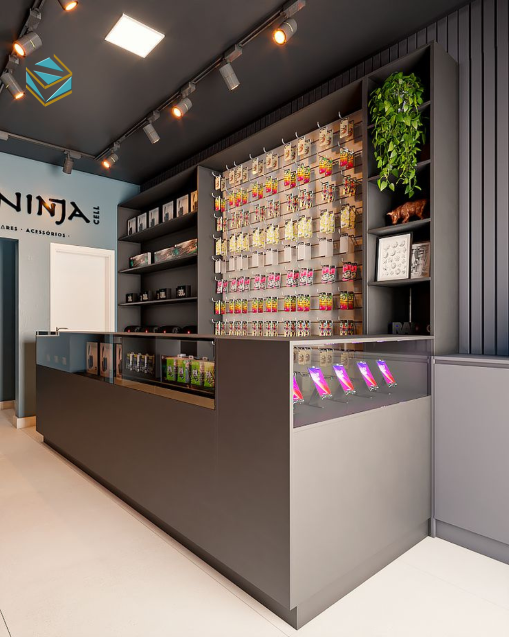 Hình ảnh thể hiện phong cách minimalism với kệ âm tường, bàn trưng bày gọn nhẹ và ánh sáng dịu.