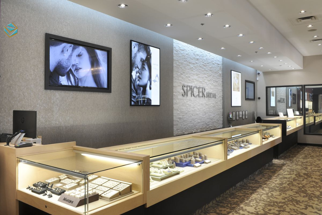 Giải pháp thiết kế thi công shop đồng hồ với mặt tiền kính lớn, tạo cảm giác sang trọng và chuyên nghiệp.