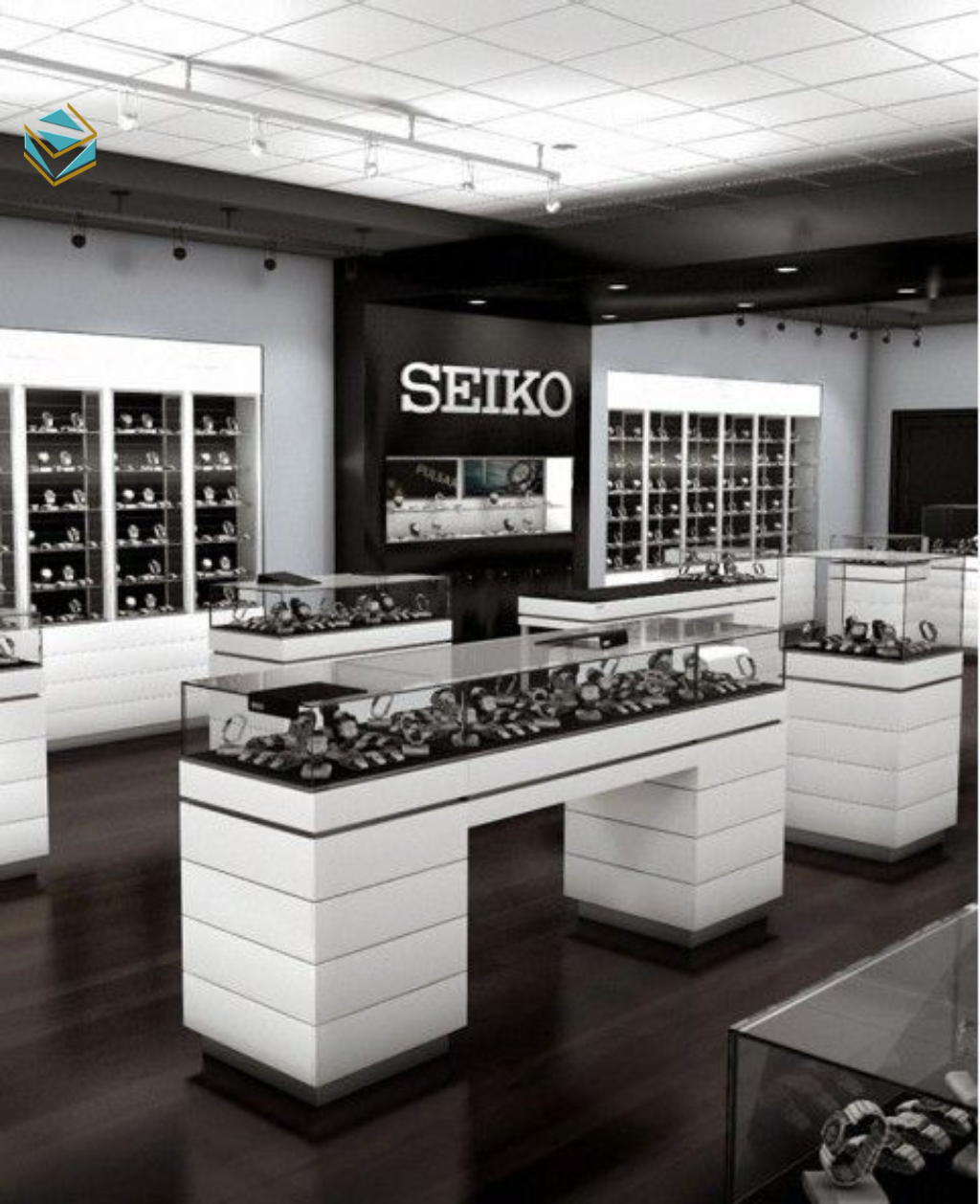 Thiết kế thi công shop đồng hồ theo phong cách tối giản phù hợp với thương hiệu cao cấp.