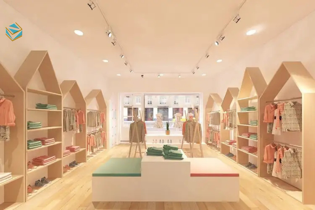 Thiết kế chiếu sáng cho shop mẹ và bé sử dụng ánh sáng ấm 3500–4500K, mang lại cảm giác an toàn và thư giãn khi mua sắm.