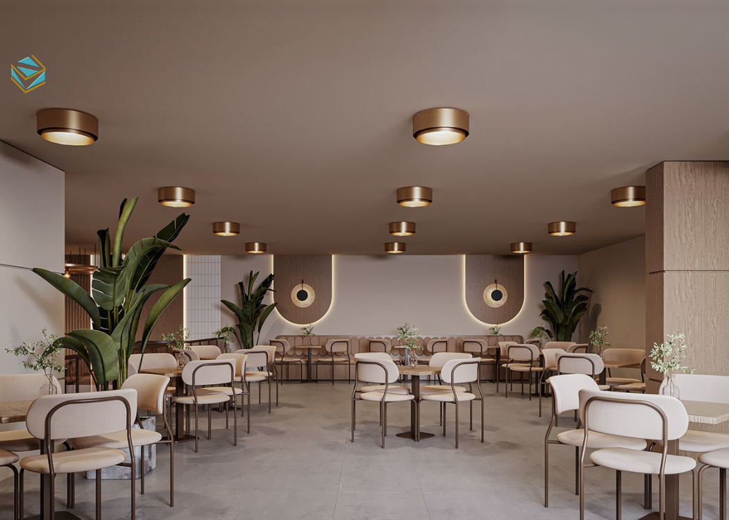 Thiết kế quán cafe kết hợp ánh sáng tự nhiên và đèn trang trí để tăng trải nghiệm khách.