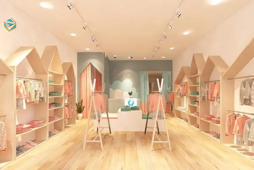 Hệ kệ trưng bày trong cửa hàng mẹ và bé được thiết kế chắc chắn, chiều cao phù hợp, giúp sắp xếp sản phẩm gọn gàng và dễ quan sát.