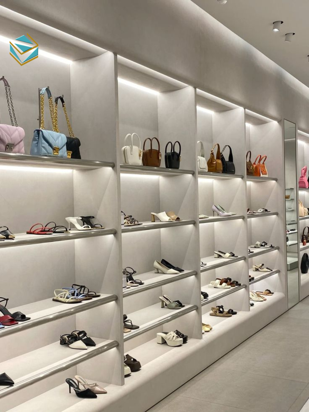 Giải pháp thi công mặt tiền shop giày bằng kính và hệ đèn LED, tăng khả năng nhận diện thương hiệu.