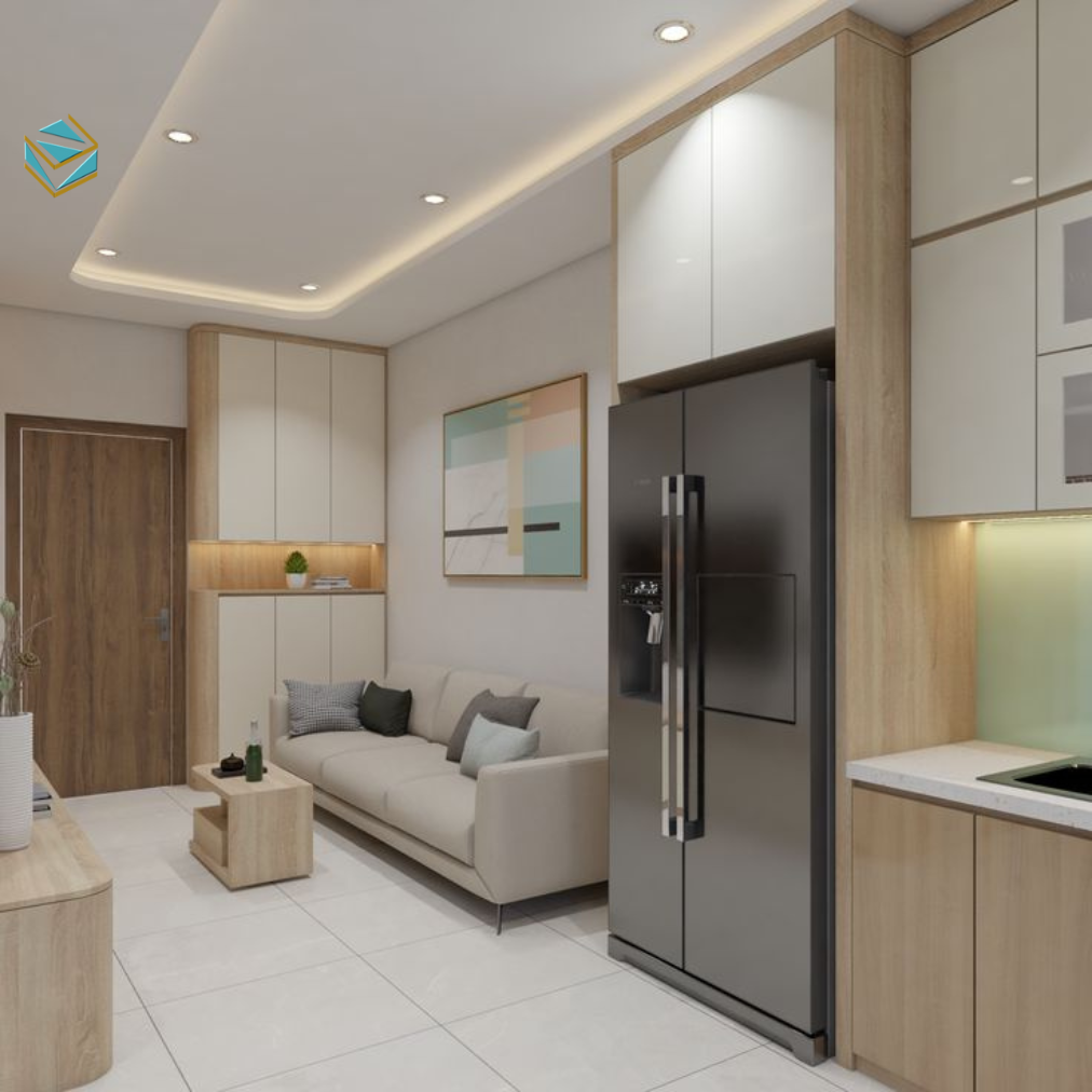 Phòng khách được thi công nội thất đồng bộ từ sofa, kệ tivi đến ánh sáng. Không gian vừa đẹp mắt vừa thuận tiện cho sinh hoạt hàng ngày.