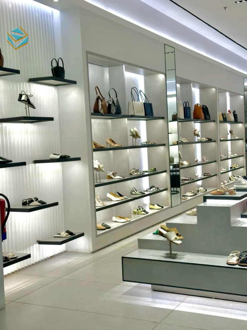 Thi công shop giày chú trọng nội thất trưng bày, lối đi thông thoáng và ánh sáng chuẩn màu sản phẩm.