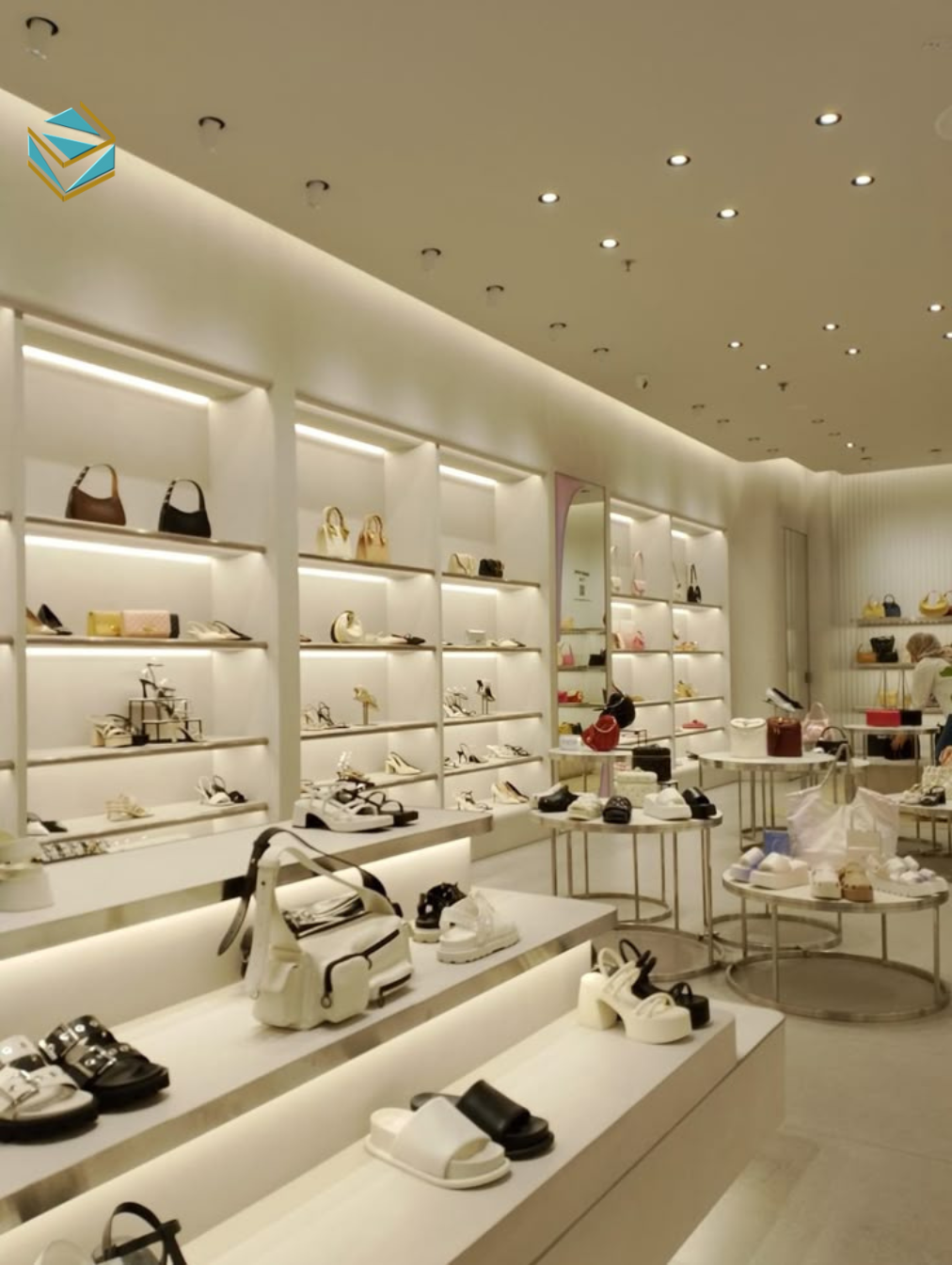 Mẫu shop túi xách diện tích nhỏ được thi công tối ưu không gian, giúp trưng bày nhiều sản phẩm mà không gây rối mắt.