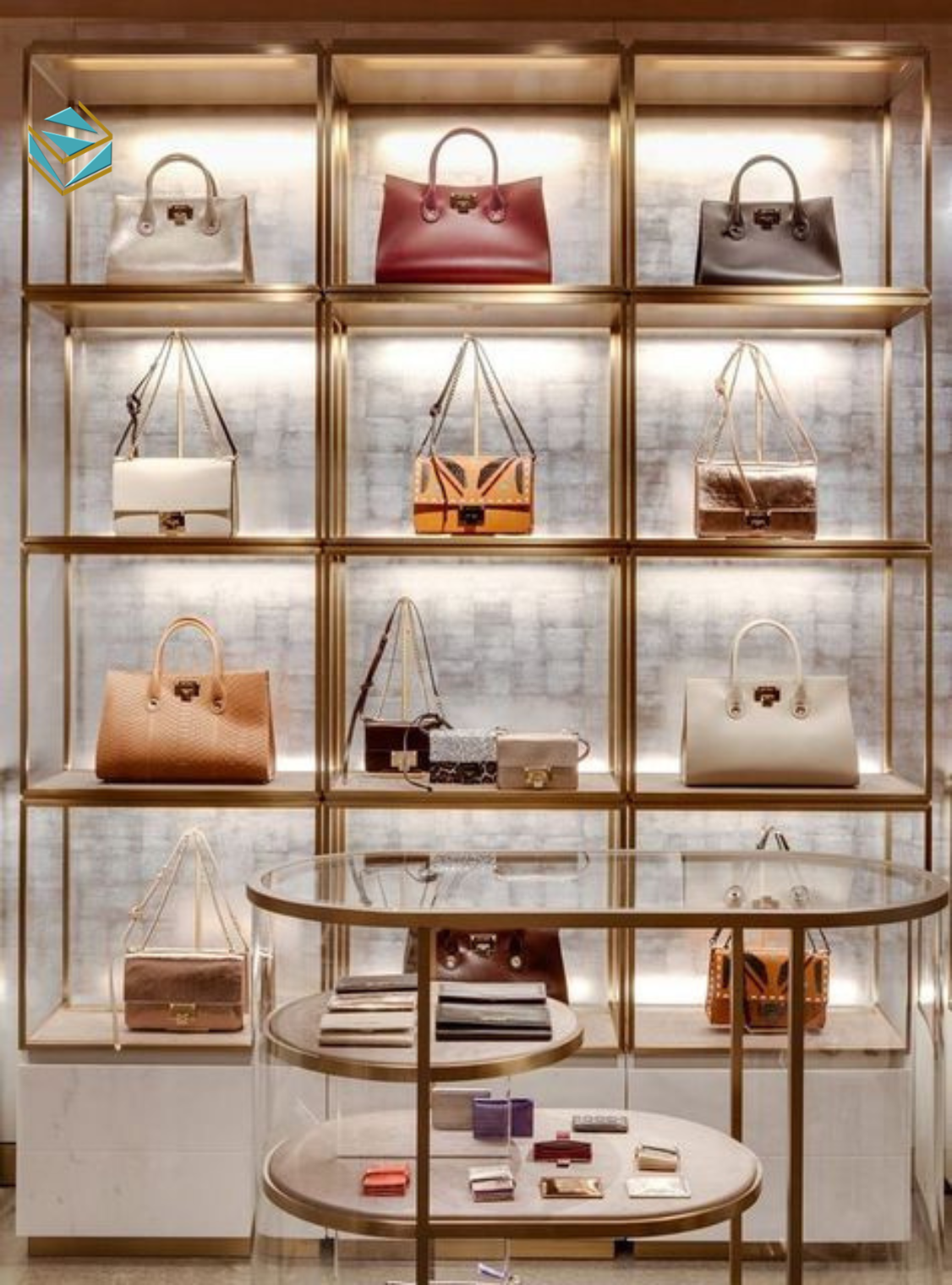 Mẫu thi công shop túi xách theo concept thương hiệu, sử dụng màu sắc trung tính, kệ trưng bày tinh tế và bố trí khoa học.