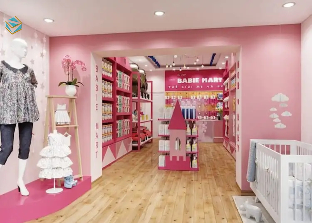 Không gian cửa hàng mẹ và bé được thiết kế theo phong cách hiện đại, sử dụng màu pastel giúp khách hàng cảm thấy dễ chịu và tin tưởng ngay lần đầu ghé thăm.
