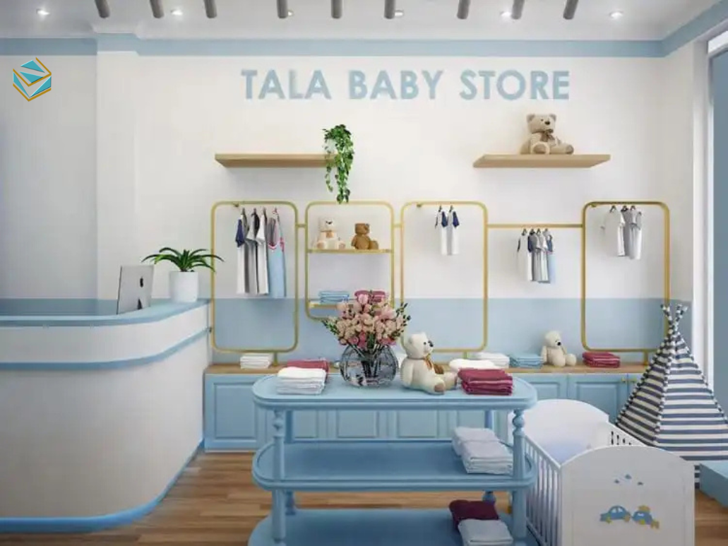 Không gian cửa hàng mẹ và bé được bố trí thêm khu vui chơi mini, giúp trẻ em thoải mái trong khi phụ huynh mua sắm.