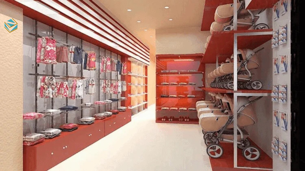 Mẫu thiết kế shop mẹ và bé diện tích nhỏ dưới 50m², bố trí thông minh giúp tận dụng không gian và vẫn đảm bảo sự thông thoáng.