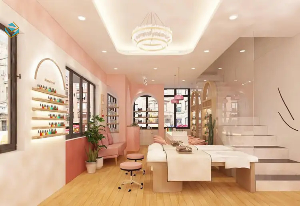 Không gian spa được phân khu rõ ràng giữa nail – skincare – massage, giúp tăng trải nghiệm và dễ upsell dịch vụ cho khách hàng.