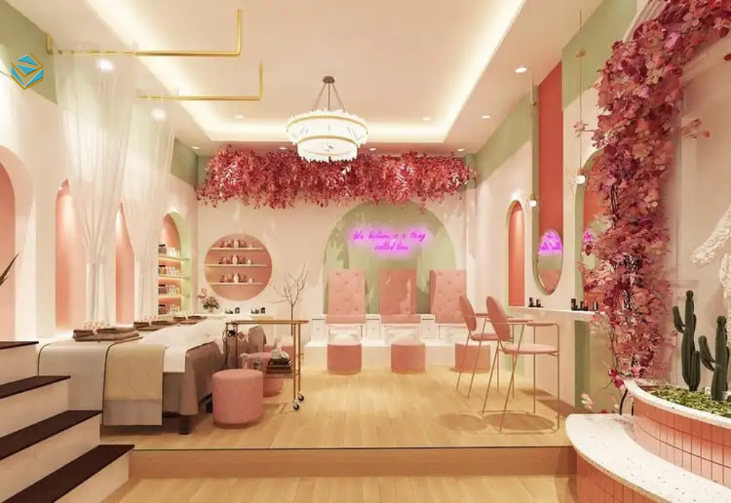 Không gian spa cao cấp sử dụng vật liệu sang trọng, ánh sáng tinh tế, phù hợp các spa hướng đến khách hàng VIP và dịch vụ chất lượng cao.