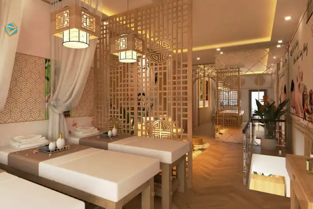 Không gian spa Nhật Bản chú trọng sự cân bằng và yên tĩnh, phù hợp các spa trị liệu cao cấp và khách hàng trung niên.