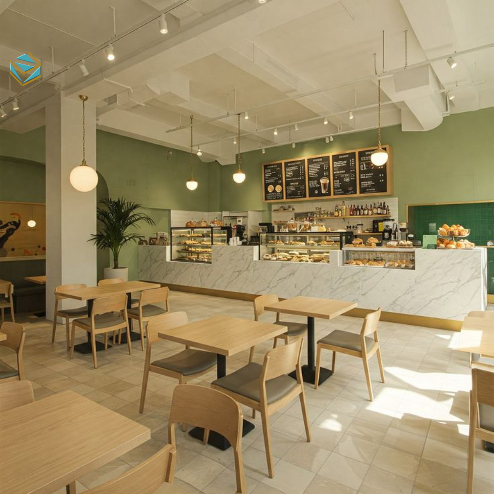 Thiết kế quán cafe với quầy bar tối ưu thao tác, tiết kiệm diện tích và tăng tính thẩm mỹ.