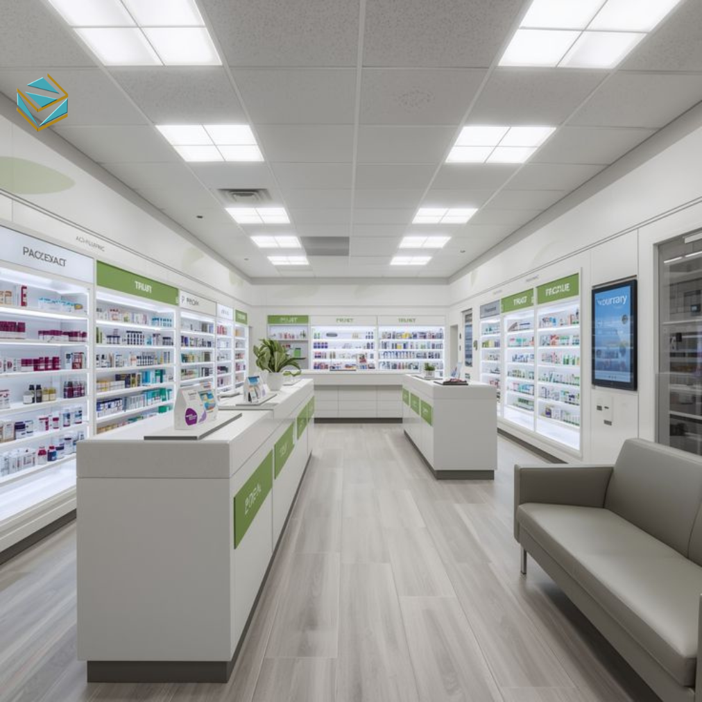 Hệ kệ trưng bày được bố trí hợp lý, dễ vệ sinh, hỗ trợ quản lý thuốc hiệu quả và nâng cao trải nghiệm mua hàng.