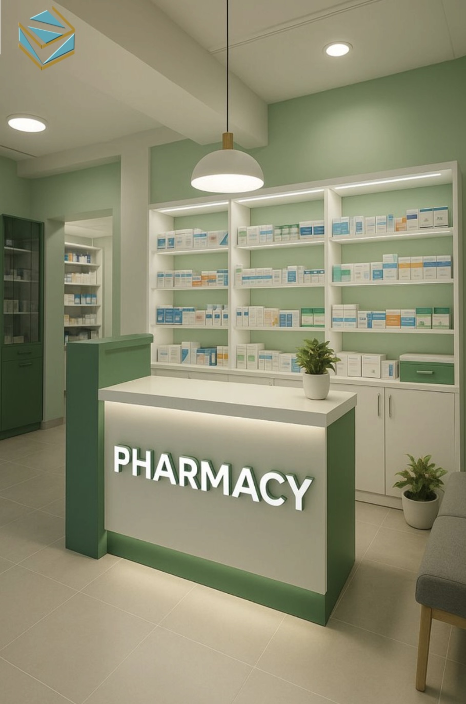 Giải pháp thiết kế nhà thuốc chuỗi đảm bảo thống nhất màu sắc, bố cục và tiêu chuẩn GPP, phù hợp mô hình mở rộng quy mô.