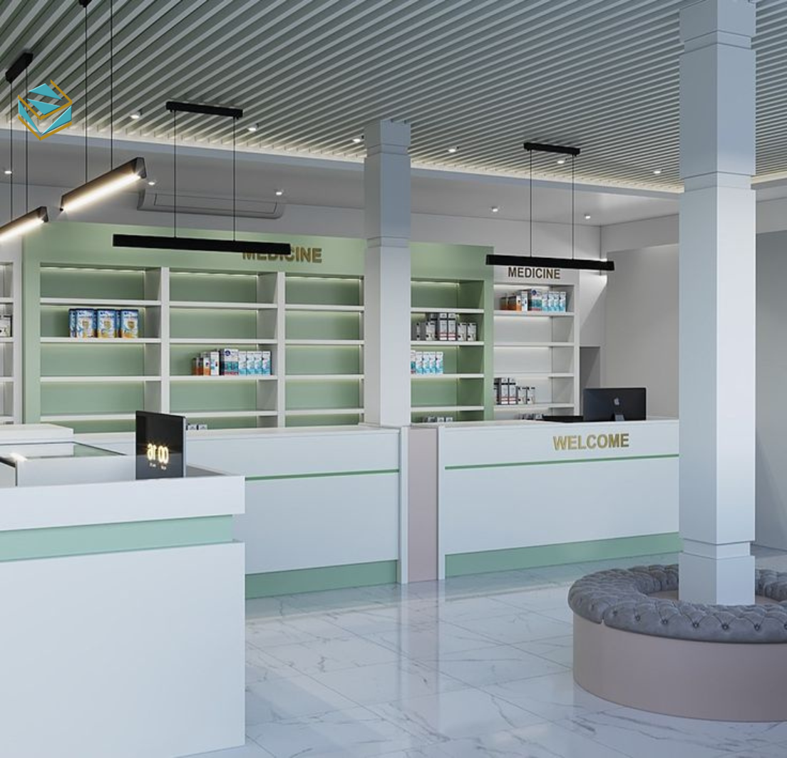 Giải pháp thiết kế và thi công nhà thuốc tây cho diện tích 20–30m², tối ưu không gian và đảm bảo đầy đủ công năng theo tiêu chuẩn.