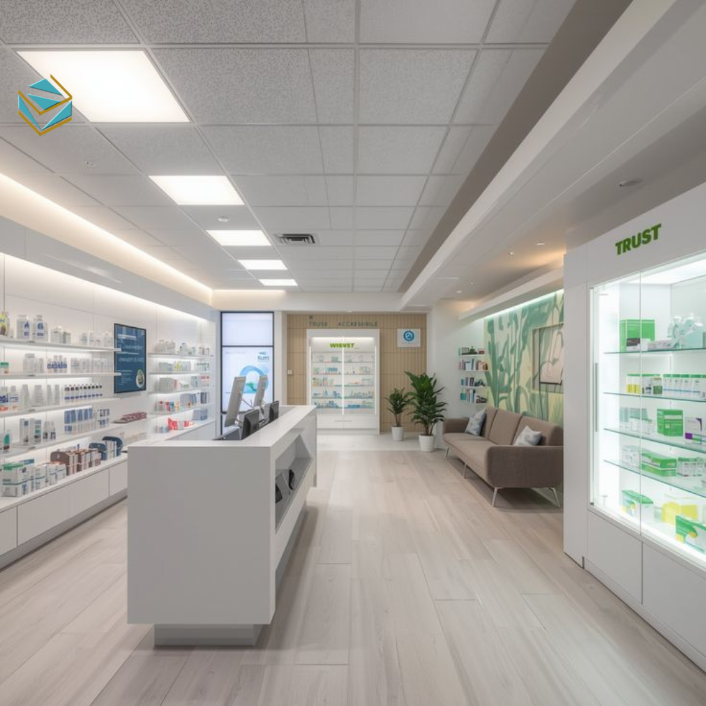 Mẫu nhà thuốc nhà phố được thiết kế thông thoáng, dễ nhận diện từ mặt tiền và thuận tiện cho hoạt động bán thuốc hàng ngày.