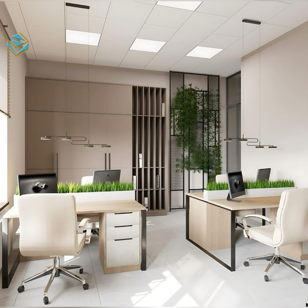 Hình ảnh minh họa cho xu hướng thiết kế thi công nội thất văn phòng hiện đại năm 2026, kết hợp ánh sáng tự nhiên và khu làm việc mở giúp nhân viên cảm thấy năng động hơn.