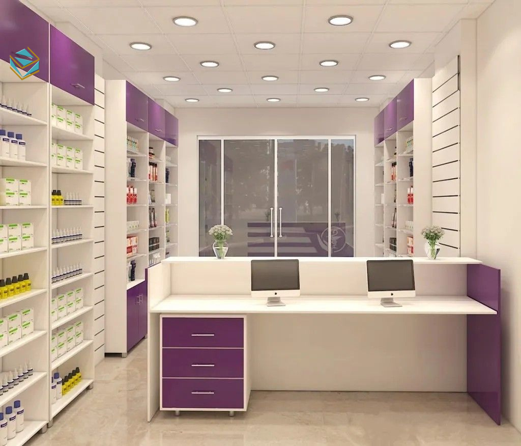 Quầy thuốc được thiết kế đúng kích thước, đảm bảo thao tác thuận tiện cho dược sĩ và đáp ứng yêu cầu thẩm định GPP.