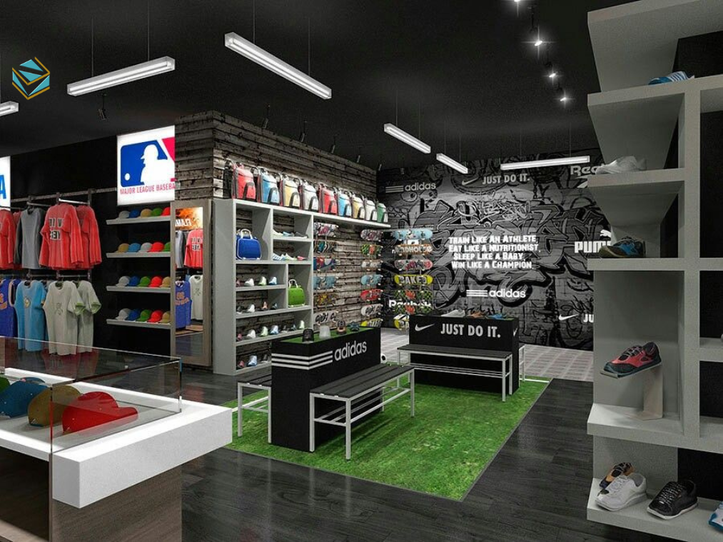 Giải pháp thiết kế thi công giúp cửa hàng thể thao rộng rãi, lối đi thông thoáng và phân khu sản phẩm rõ ràng.
