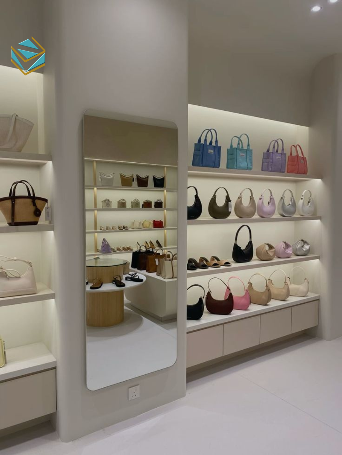 Hình ảnh mô tả quá trình thiết kế thi công shop túi xách với hệ kệ treo tường, đèn rọi sản phẩm và không gian mở.