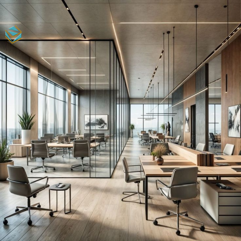 Hình ảnh mô phỏng thiết kế văn phòng hybrid working, nơi nhân viên có thể lựa chọn làm việc cá nhân hoặc cộng tác nhóm linh hoạt, tăng hiệu quả và sáng tạo.