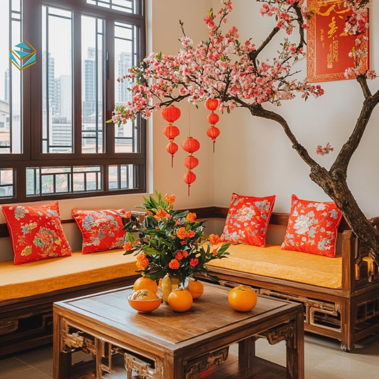 Phòng khách được nâng cấp sofa, kệ tivi và hệ tủ trang trí giúp làm mới không gian sống dịp cuối năm, tăng tính thẩm mỹ và tạo ấn tượng khi đón khách Tết.