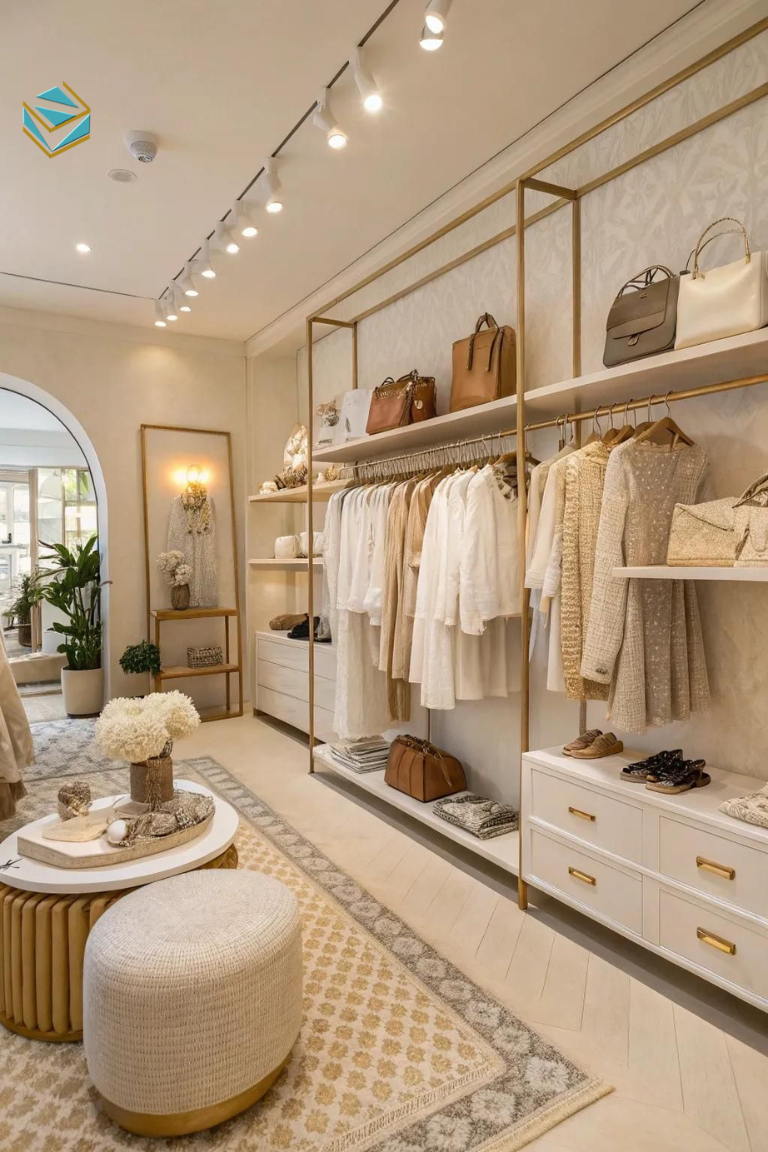 Mẫu thiết kế thi công shop quần áo diện tích dưới 40m² với bố cục tối ưu, kệ treo sát tường và lối đi rộng giúp tăng trải nghiệm mua sắm.